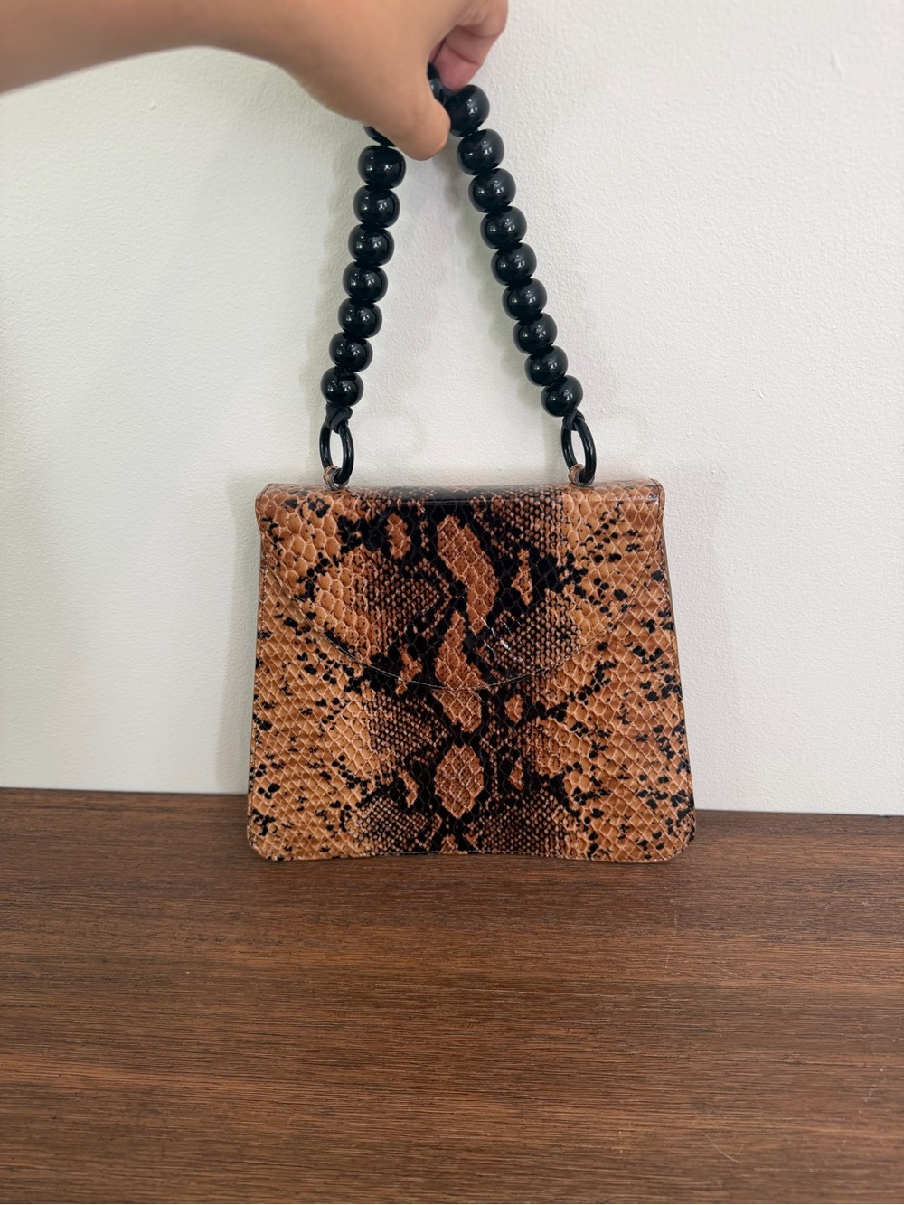 Maryam Nassir Zadeh Brown Snake-Print Shoulder Bag with Black Bead Handle
